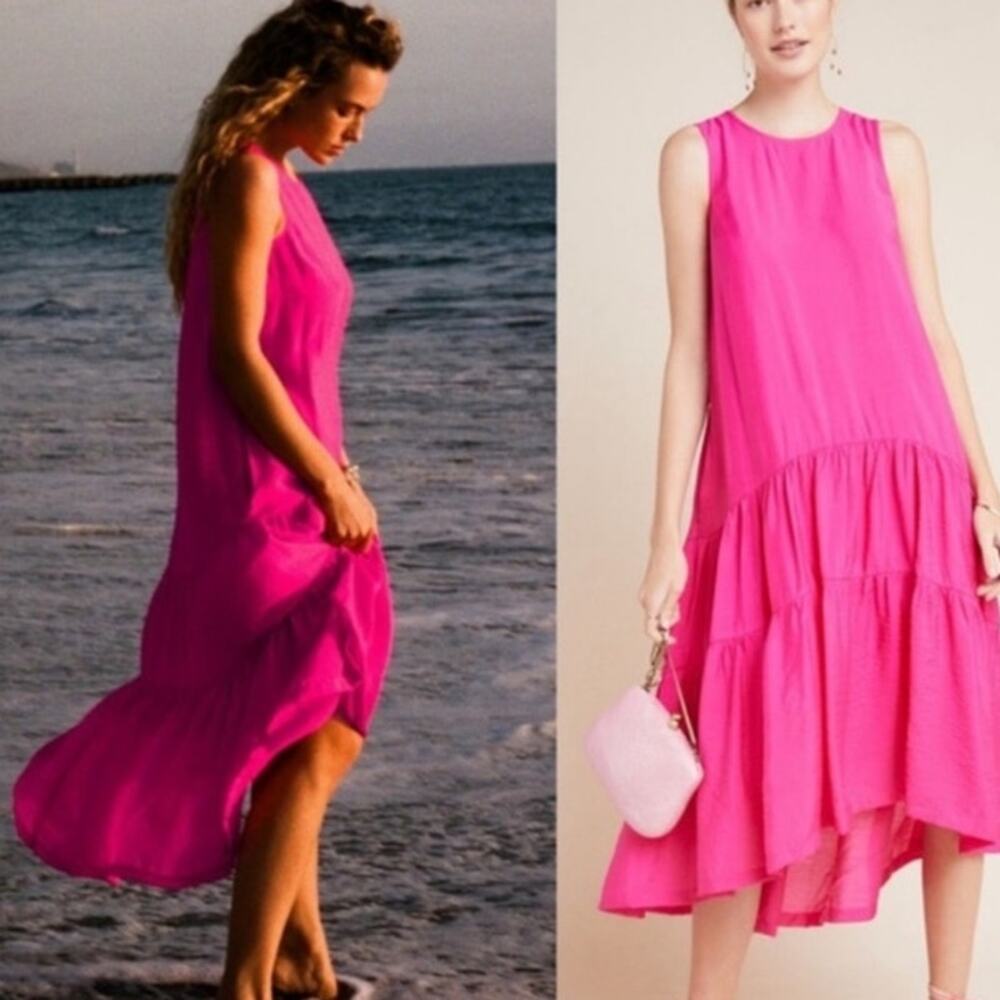 Anthropologie Maeve Marlene Tiered Maxi Dress Sz XS Fuchsia Pink Ruffle Pockets